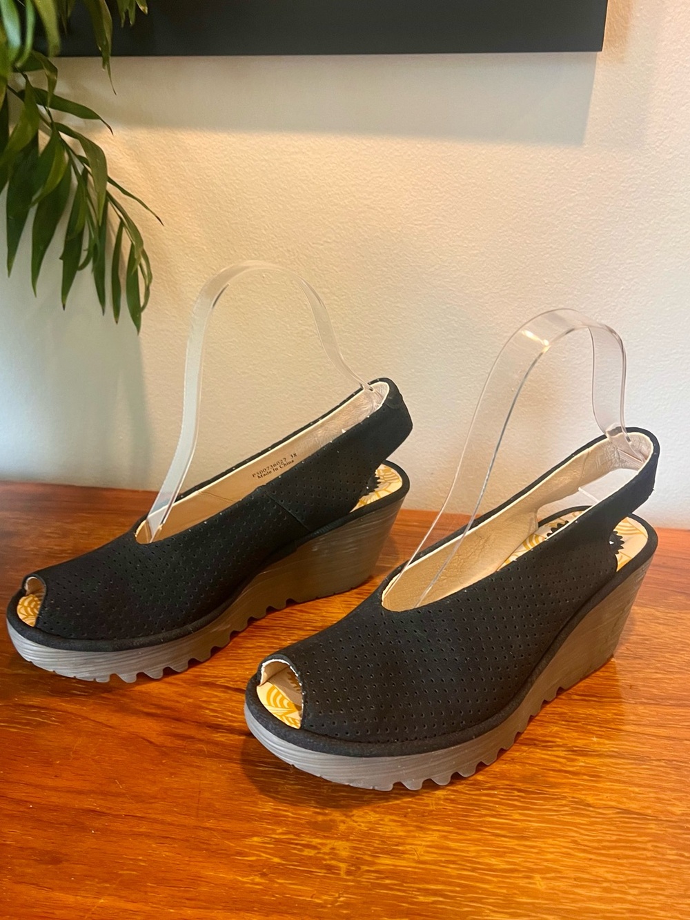 Fly London Yazu Black Wedge Peep-toe Sandals